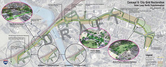 stvcrtr's tweet photo. The city has revealed 6 potential concepts for the @InnerLoopNorth1 transformation — with the potential to remove an old, under-used highway that is choking part of downtown Rochester and reconnect red-lined neighborhoods.

Concept 6 goes the furthest. https://t.co/C5ZOB3EYGz https://t.co/B7FAv4cFEb