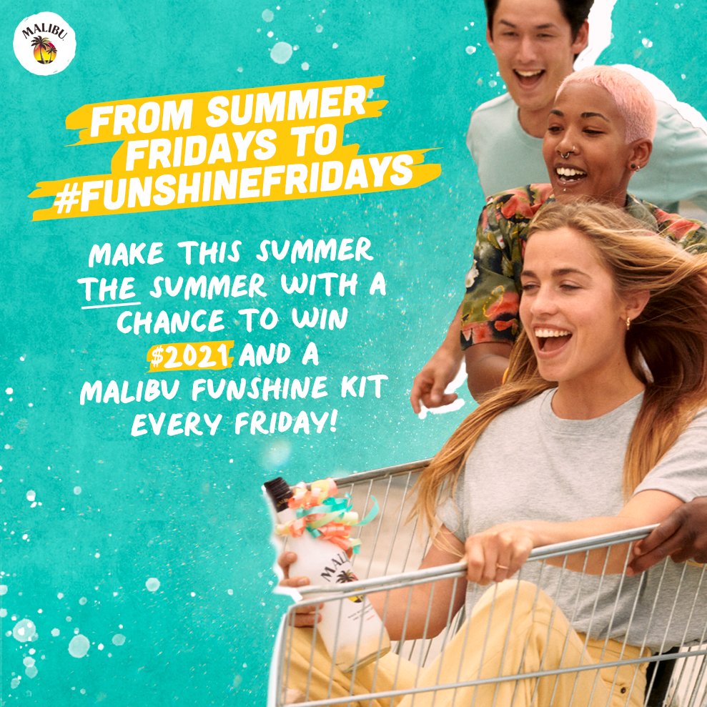 MalibuDrinksUS's tweet photo. We’re giving you 2021 reasons to turn your Summer Fridays into a #FunshineFriday💸
Punch out on our virtual-clock between 12p-6p ET every Friday to enter for your chance to win $2,021 & a #FunshineFriday kit 👉 https://t.co/6UPqQfDmci https://t.co/P7aQ6oHean