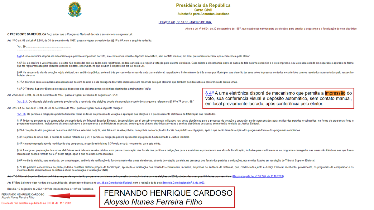 ZambelliCarla_'s tweet photo. @FHC Se o voto impresso é tão ruim, tão perigoso e tão supérfluo assim, por que o senhor sancionou, em 2002, uma lei OBRIGANDO a implementação do voto impresso nas eleições? 🤔 https://t.co/qLx2fv4jNv