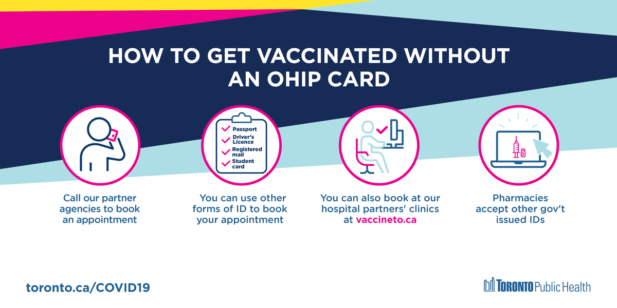 TOPublicHealth's tweet photo. Don't have an OHIP card &amp; wondering how you can book your #COVID19 vaccine appointment? You can request assistance booking your 1st or 2nd dose appointment by contacting our agency partners @AccessAlliance, @RefugeeCentre &amp; @ccvt_toronto. Learn more: https://t.co/DXtSYpYqyu. https://t.co/8LvgsYZkbx