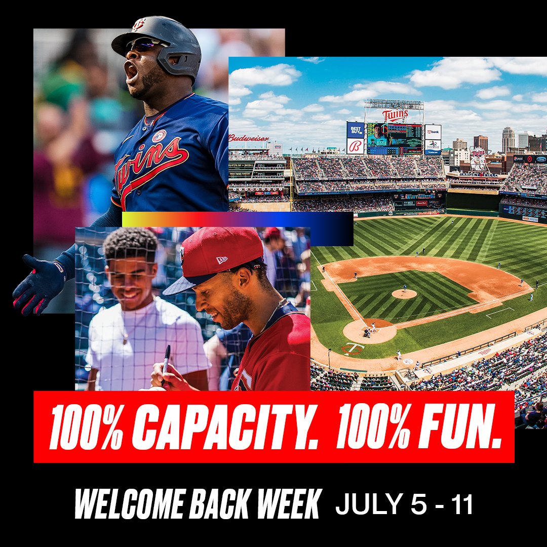 Twins's tweet image. RT for a chance to win 4 tickets to our game on July 6th vs CWS!

Join us for Welcome Back Week - a full week of giveaways and events to celebrate 100% capacity at Target Field! twinsbaseball.com/welcomeback #MNTwins