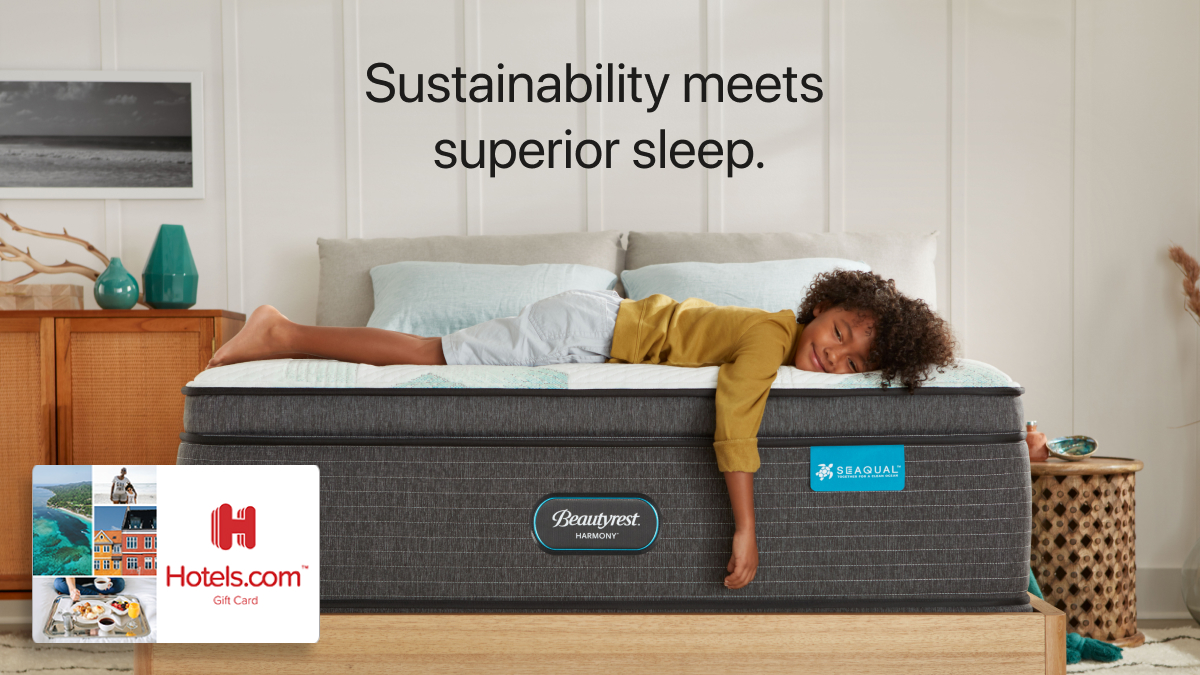 Sleep first class this summer, with SEAQUAL™ fabrics and Beautyrest® support. Receive up to a $100 Hotels.com gift card with a Beautyrest® Harmony purchase in our 4th of July Savings Event. #SleepFirstClass Shop the sale today: bit.ly/3uUKdGA