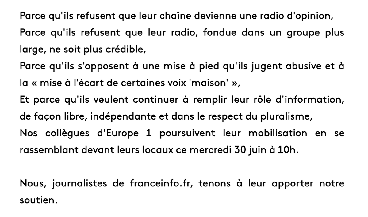 sdjfrancetvinfo's tweet photo. Les SDJ de franceinfo (web, radio et TV) soutiennent leurs confrères et consœurs d’Europe 1 dans un texte commun. Nous serons présents lors du rassemblement prévu demain matin devant leurs locaux⤵️ https://t.co/rTrQPvpgDa