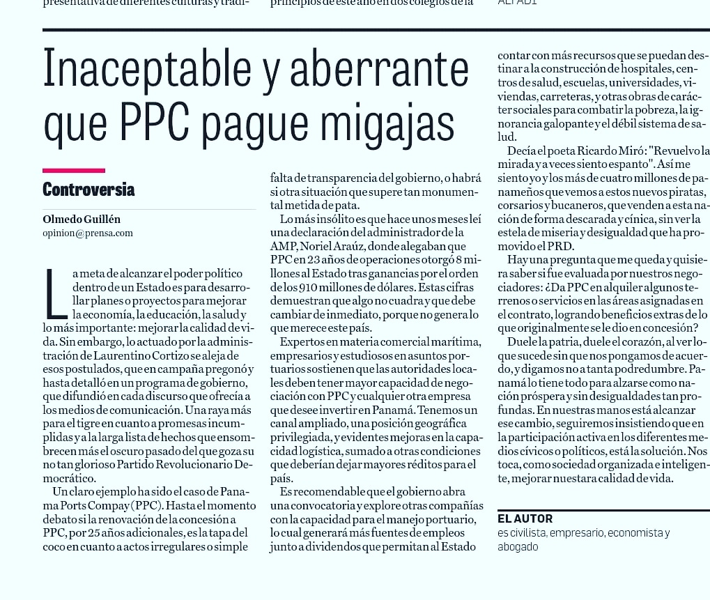 *Les comparto el artículo de opinión CON RELACIÓN A LA RENOVACIÓN DEL CONTRATO A PPC y que fue publicado en el día de hoy en el diario <a href="/prensacom/">La Prensa Panamá</a>.*