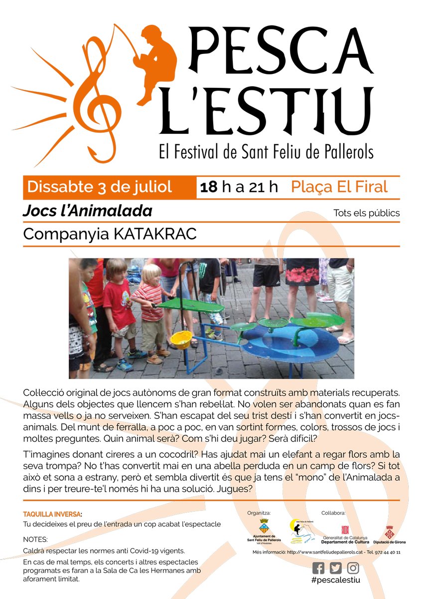 pesca_lestiu's tweet photo. 🗓️Dissabte 3 de juliol  
⏰De 18 h. a 21 h.  
📢Plaça El Firal
Jocs l’Animalada - Companyia KATAKRAC
@pesca_lestiu 
(Tots els públics) - Taquilla inversa
+info: https://t.co/AbBSLIwRk7 https://t.co/lFytyjv7vW