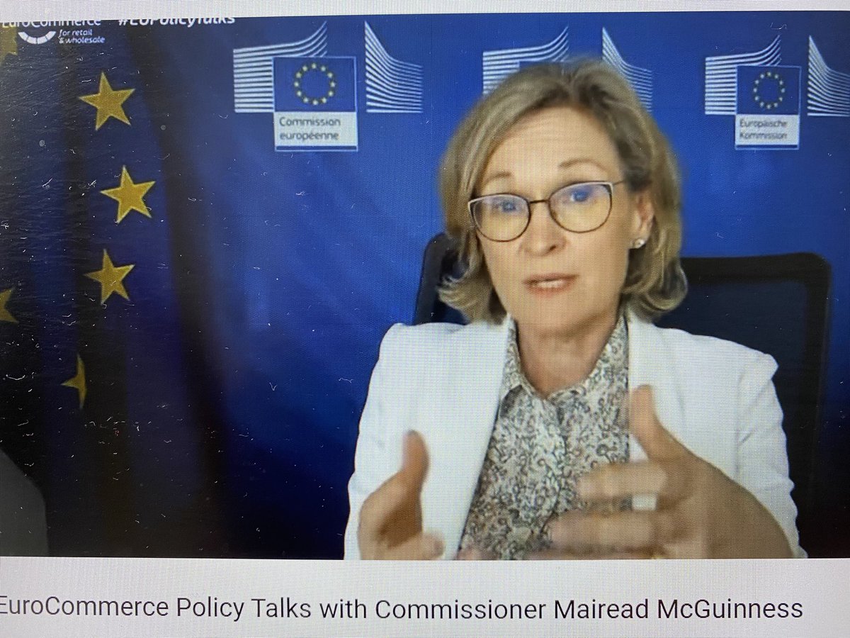 #HappeningNow  @eurocommerce : #PolicyTalks with Commissioner @McGuinnessEU - covering broad range of #EU policy priorities, #FinancialReporting #Sustainability #ConsumerProtection #EUinvestment #GreenRecovery 🇪🇺