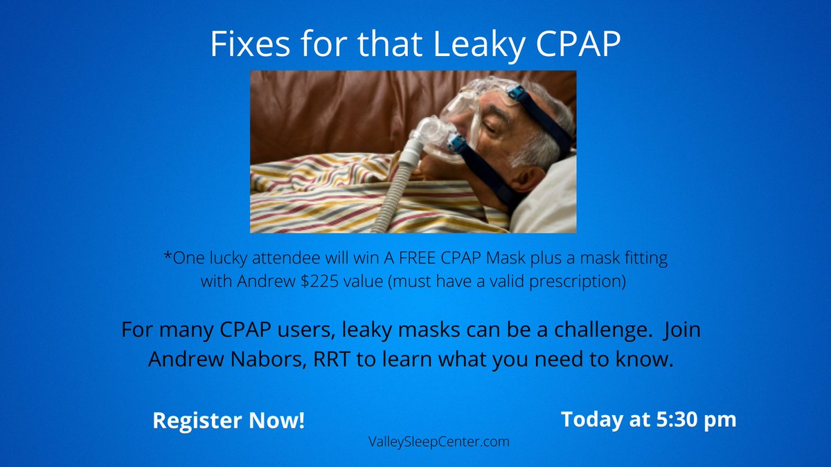 For many #CPAP users, #leakmasks can be a challenge, join us to learn what you need to know.
*one lucky attendee will win A FREE CPAP Mask plus a mask fitting with Andrew $225 value (must have a valid prescription) 

Register here:  linktr.ee/valleysleep
