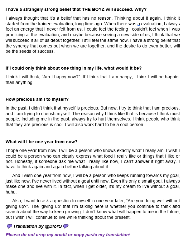 DforQ's tweet photo. 👑 THE BOYZ Q (Changmin) Interview - <BE YOUR OWN KING> Photobook
[English Translation]

💜 Please do not crop my credit or copy paste my translation (especially to other platforms)! https://t.co/Mv8xJtKOnX
