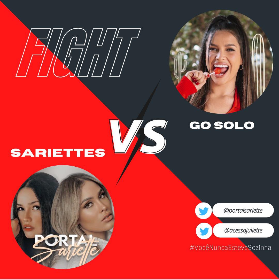 🥊 FIGHT SARIETTES VS GO SOLO 🥊  Feat <a href="/PortalSariette/">Portal Sariette 🌙</a> 
 
Respondam usando: #VocêNuncaEsteveSozinha
• UM até CEM;
• DEZ objetos;
• DEZ nomes;
• DEZ estados;
• DEZ filmes;
• DEZ ex BBB;
• A até Z.
 
O fight termina daqui 1h!