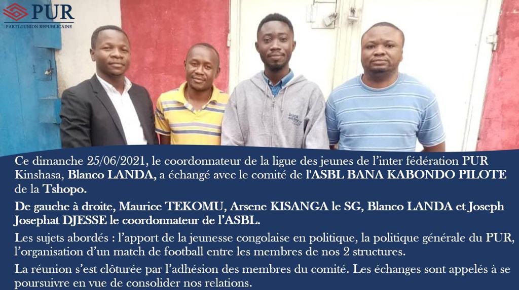 KinshasaPur's tweet photo. ℹ️ Activité IF PUR Kinshasa! Nous saluons le dynamisme de Blanco LANDA, le coordonnateur de la ligue des jeunes 👏🏽👏🏽👏🏽 @PurOfficiel @DiasporaPur @Luc_Gerard @ClaudeLubago @BlancoLanda2 @BijouTshiunza @EricLMbongi @manassebookwa https://t.co/IsClVLrVWo