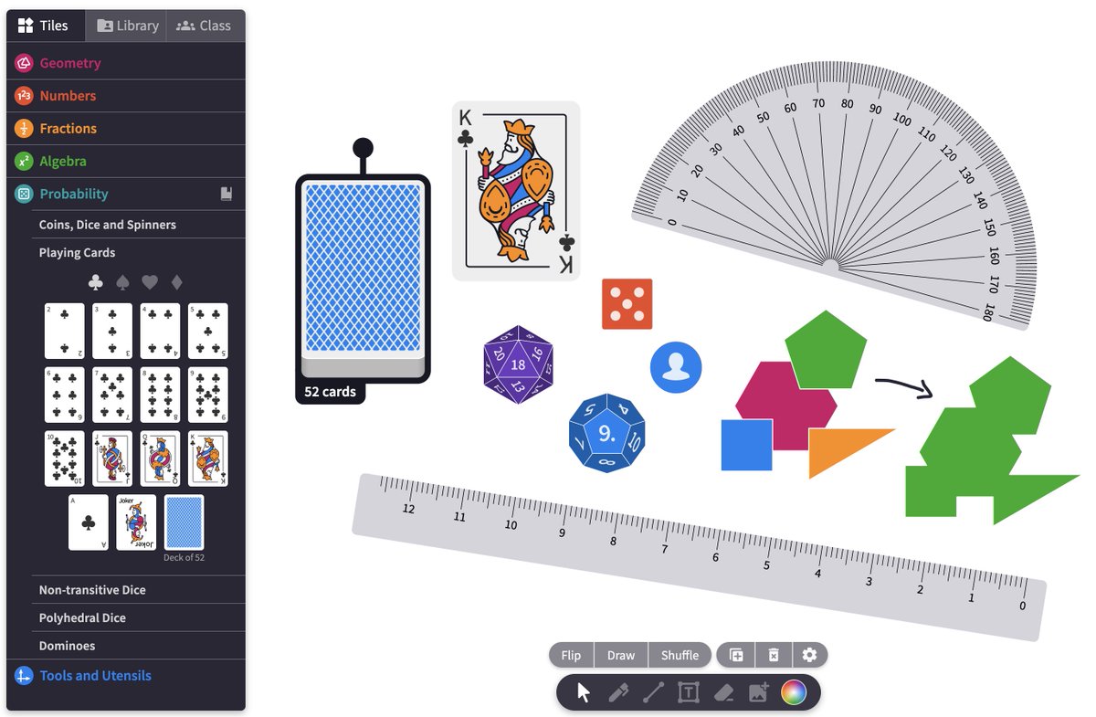 MathigonOrg's tweet image. Lots of small Polypad improvements this week:
– Stack playing cards on top of each other, shuffle and draw cards 🃏
– Flip the direction of rulers and protractors 📏
– Join multiple polygons together 🔶
– Double-click dice and coins to roll or flip 🎲
– Many other bug fixes!