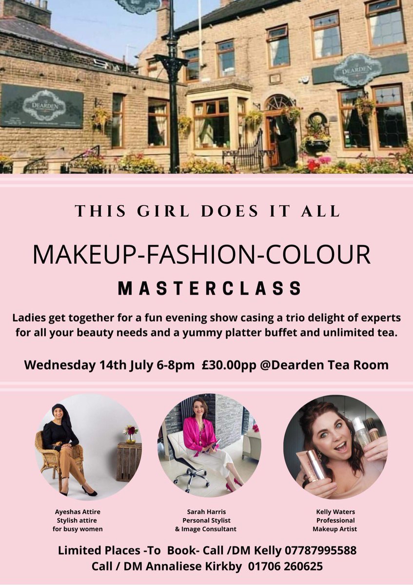 Good Evening Ladies

So really excited to be sharing an amazing collaberation with Kelly Waters and Sarah Harris on the 14th July Dearden Tea Rooms .

If any of you ladies would like to book on our amazing event please comment below

Any questions please ask away💛
#localbusiness