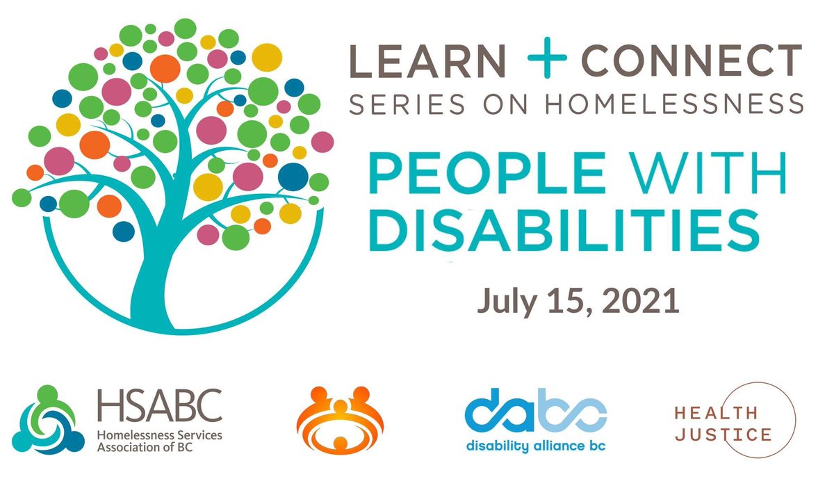 _HSABC's tweet photo. @_HSABC, Creating Accessible Neighbourhoods, @DisabAllianceBC and @HealthJusticeCA, and other partners are presenting the Learn + Connect Series on Homelessness event focusing on People with Disabilities on Thursday, July 15th.

Image: event banner, title, date, and partner logs https://t.co/rnw53uoHno