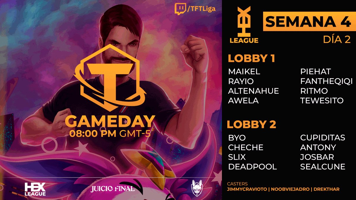 GAMEDAY 🔥 DÍA 2 | SEMANA 4

No te pierdas a los mejores 16 jugadores de TFT de LATAM contendiendo por ser el campeón

📺twitch.tv/TFTLiga

🗣️Equipo de casteo
👔@noobviejardo
👔<a href="/JimmyCrav/">Cesar Cravioto</a>
👔<a href="/drekthar29/">DrekThar</a>
🎥<a href="/TShieda/">The Shieda</a>

HOY 
⏰8:00 PM GMT-5