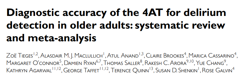 A_MacLullich's tweet photo. 👁️  The 4AT has a comparable body of diagnostic test accuracy data to any other #delirium detection tool.

📗  Meta-analysis: 17 studies; 3702 observations

   🔸 Sens = 88%

   🔸 Spec = 88%

🔗 https://t.co/qwJGGjgSzb https://t.co/3uK6kM1Koy