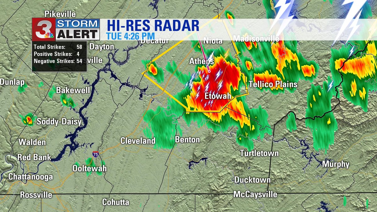 A Severe Storm warning is in effect for McMinn county until 5pm EDT.  60 mph winds and penny size hail are possible with this storm as it moves to the NW at 15 mph.  Paul Barys