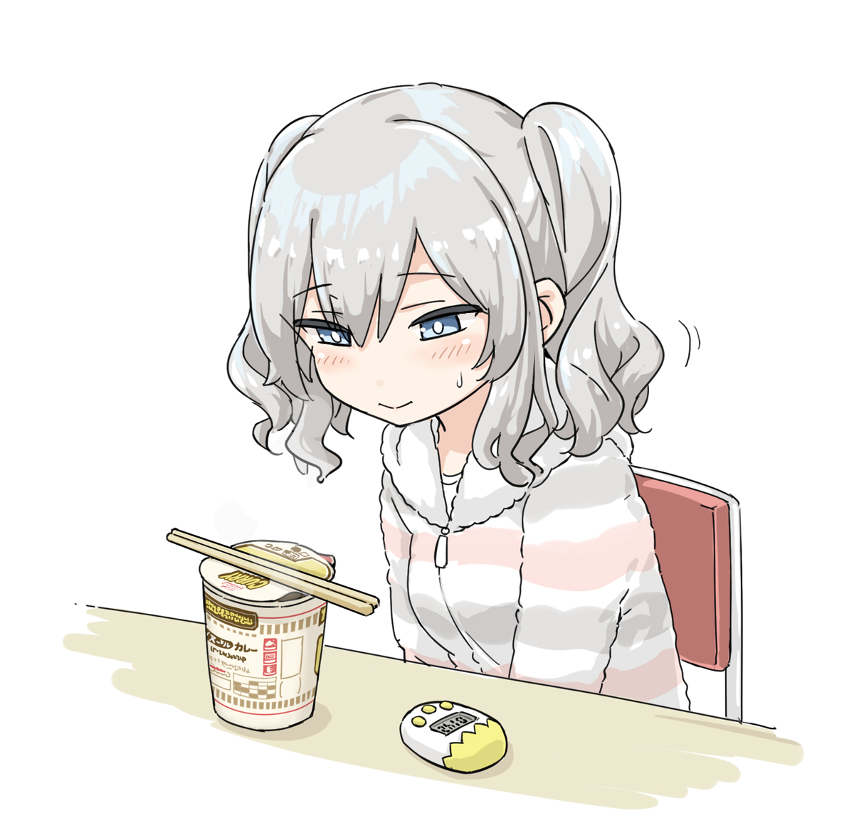 kashima (kancolle) 1girl solo cup ramen twintails grey hair chopsticks food  illustration images