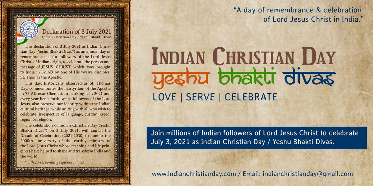 iChristianDay's tweet photo. Join millions of Indian followers of Lord Jesus Christ to celebrate July 3, 2021 as Indian Christian Day/ Yeshu Bhakti Divas.

Online Live Launch at:
https://t.co/nLHHBDL2CP
https://t.co/4WwxlxAHEs

#Indian #Christian #IndianChristian #IndianChristianDay #love #serve #celebrate https://t.co/bcTH8fWXOa