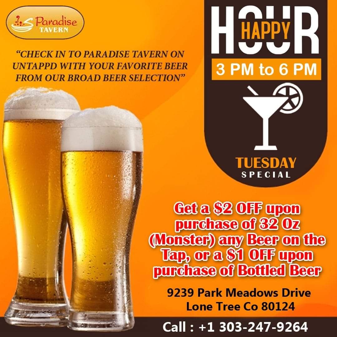 Tuesday Special (HAPPY HOURS) - 3PM TO 6 PM !!
Check-in and Rate our beers on Untappd !!🍻

➡️Get a $2 OFF upon purchase of 32 Oz (Monster) any Beer on the Tap, or a $1 OFF upon purchase of Bottled Beer.

#SportsBar, #Happyhour, #Drinks, #Cocktails, #Shots, #Beer, #DraftBeer