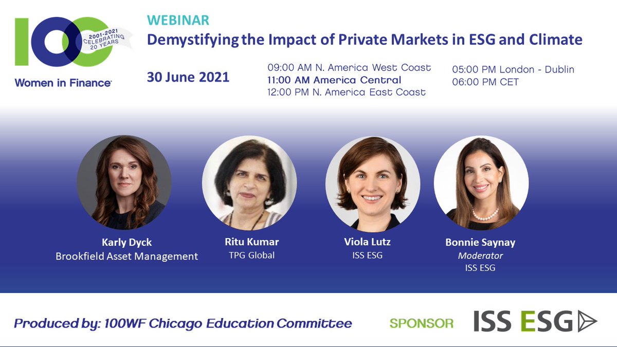 30 June | Demystifying the Impact of Private Markets in ESG and Climate sponsored by ISS ESG.

Register here: bit.ly/3xao9Z6

#100WF #womeninfinance #ESG #impactinvesting #privatemarkets #sustainability