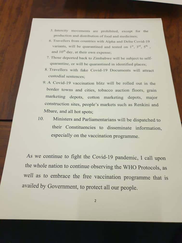 InfoMinZW's tweet photo. President @edmnangagwa has announced a level 4 lockdown with immediate effect.
*Intercity movement suspended
*Business to open from 08.00hrs to 15.30hrs, curfew remains 18.30hrs to 06.00hrs
*Commercial transport to remain operational 
Full statement attached https://t.co/OwiCrdPALa