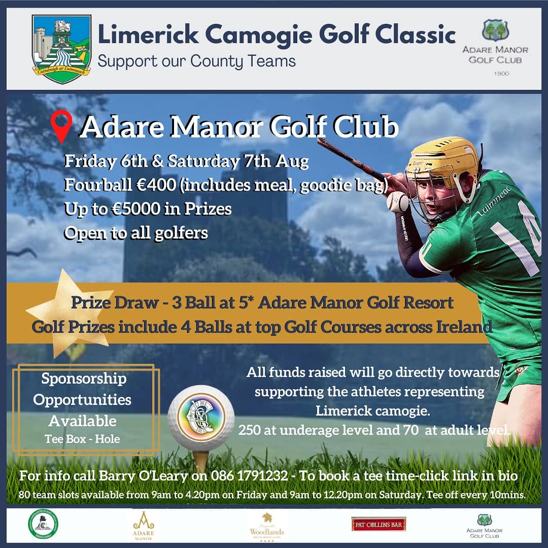 LimCamogie's tweet photo. 📢Delighted to announce details of The Limerick Camogie Golf Classic taking place this Aug 6th and 7th at Adare Manor Golf Club🏌️‍♀️⛳🏌️‍♂️

We have sponsorship opportunities available &amp; would really appreciate your support💚💫👌

Link in bio to book 📲 https://t.co/z30G93r1UJ