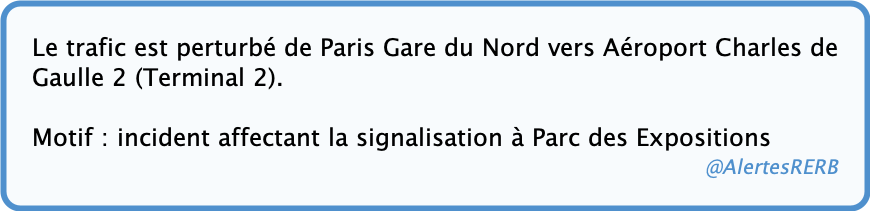 AlertesRERB's tweet photo. 🚨Ⓑ - INCIDENT AFFECTANT LA SIGNALISATION

Ligne B : Paris Nord - Aéroport CDG2 perturbé

☞ Ligne B : Paris Nord - Aéroport CDG2 perturbé

#RERB
(SNCF - 29/06/21 18:27) https://t.co/1Pw5tDEbgD