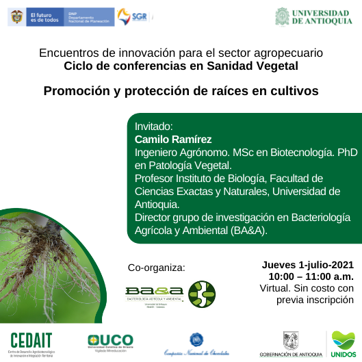 inbacter's tweet photo. Ciclo de conferencias en Sanidad Vegetal: 
Charla: Promoción y protección de raíces en cultivos
Inscripciones: https://t.co/NYmO5RbOlB @UdeA @FCENUdeA @microudea @InnovacionUdeA @cedait https://t.co/HCtfDKgZSb