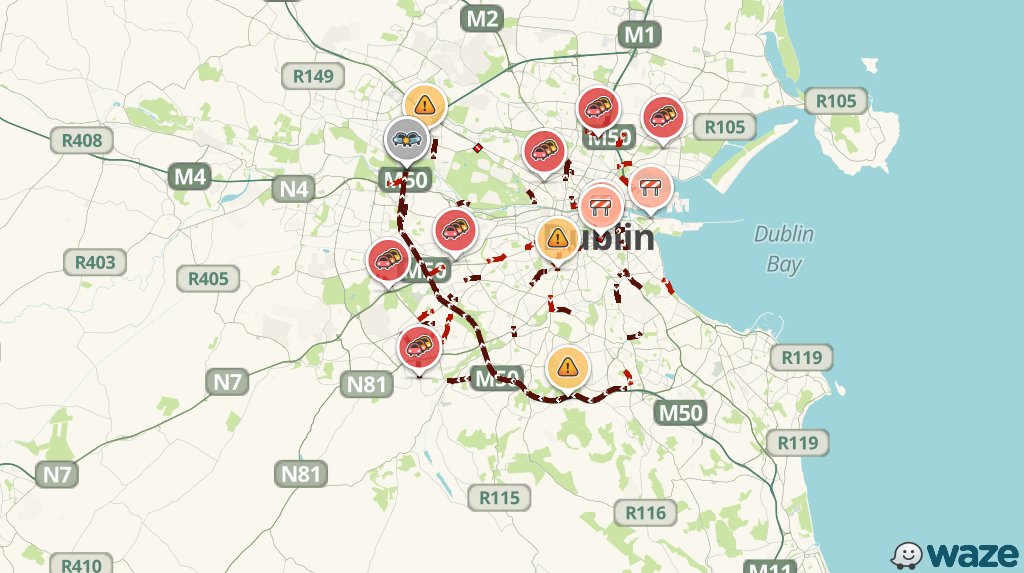 WazeTrafficDUB's tweet photo. Accident on M50 N #dublintraffic. Traffic moving 43m slower than usual. https://t.co/X7Ok61TfrF https://t.co/vWftVeUTmV