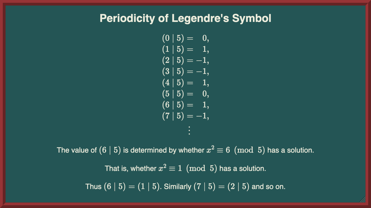 offbeatcc's tweet image. Analytic number theory meetup today will begin at 17:00 UTC.

On the agenda today: Cancellation law in modular arithmetic, periodicity of Legendre&apos;s symbol, and evaluation of Legendre&apos;s symbols (-1 | p) and (-2 | p).

Visit offbeat.cc/#iant to get meeting link and join us.