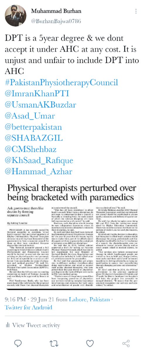 AyeshaZ54260746's tweet photo. Physiothpist is a Nobel profession and it should have it's own council.

#PAKISTANPHYSICALTHERAPYCOUNCIL
@ImranKhanPTI
@nhsrcofficial
@UsmanAKBuzdar
@360MuslimExpert
@omerbinkhalid2
@MirShakeelAhma1
@aymenzofficial https://t.co/hFZCTx735m