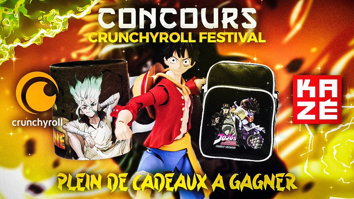 zeChedli's tweet photo. 🎁#CONCOURS 

GAGNE PLEIN DE CADEAUX ! (Figurines Luffy, Mugs &amp; Posters Dr. STONE, Sac Jojo etc.)

🎉 4 GAGNANTS

✅ Pour participer : RT + FOLLOW 
@Crunchyroll_fr + @KazeFrance + @zeChedli
 
📆 TAS le 3 juillet sur Twitch zeChedli 
#crunchyrollfestival https://t.co/9I1ip726Te
