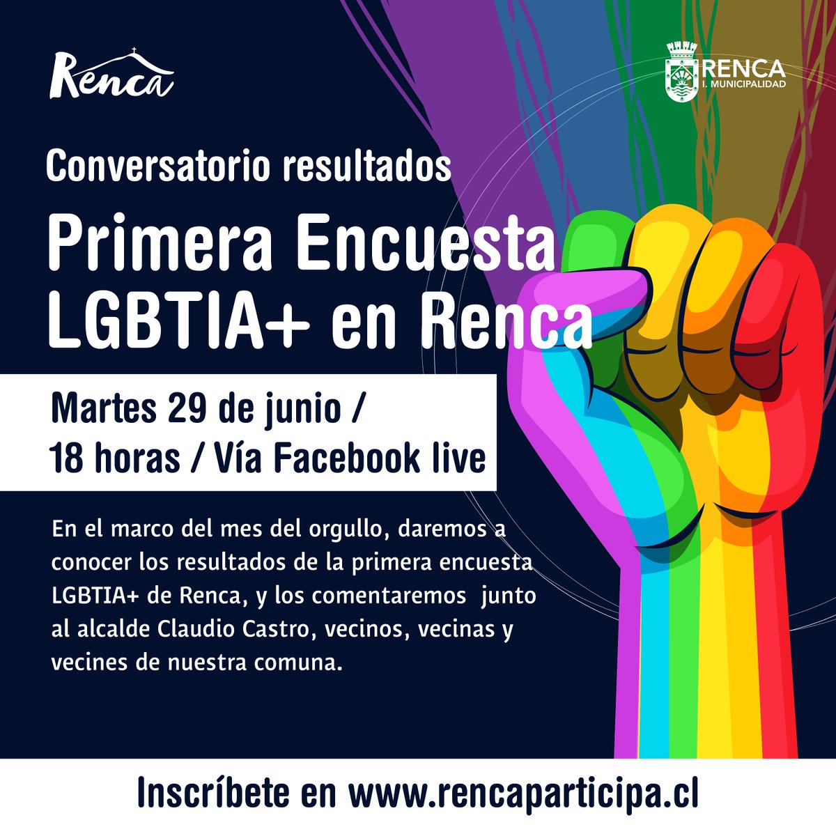 Muni_Renca's tweet photo. ¡Atención! Conéctate a las 18:00 horas al #FacebookLive del municipio para conocer los resultados de la primera encuesta LGBTIA+ de Renca, en el marco del mes del #Orgullo2021  ¡Te esperamos! #RencaInclusiva https://t.co/DsrbppLS1O