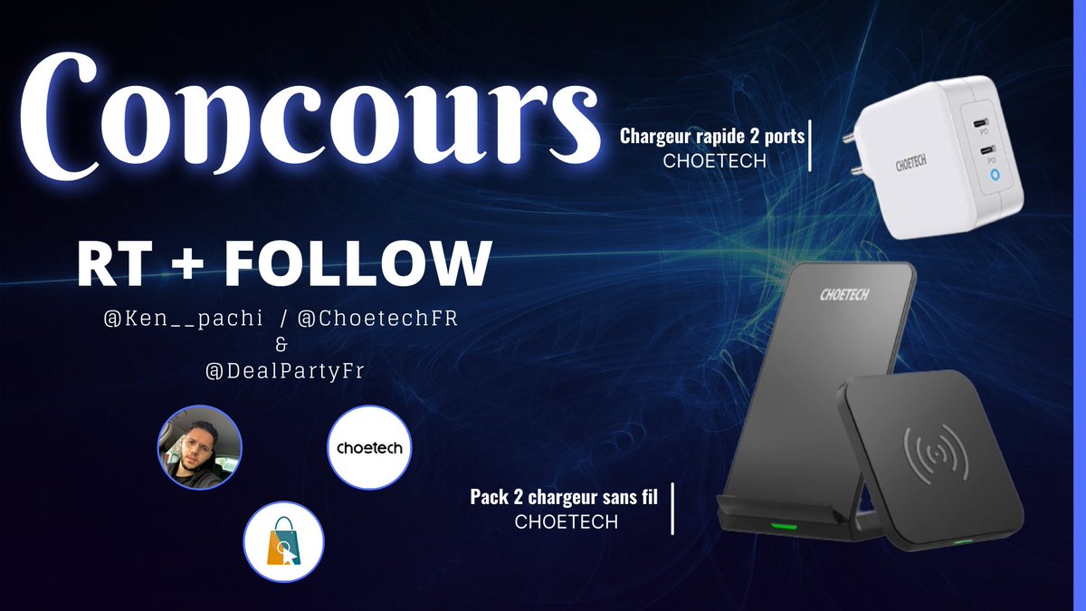 [#CONCOURS] 

On vous fait plaisir encore une fois 🙏

Tentez de remporter un chargeur rapide 2 ports et un pack de 2 chargeur sans fil ! 

Pour participer :
- RT ce Tweet.
- Follow 
@Ken__pachi
<a href="/ChoetechFr/">Choetech France</a> 
<a href="/DealPartyFr/">DealPartyFR</a> 

Tirage le 09/07 !