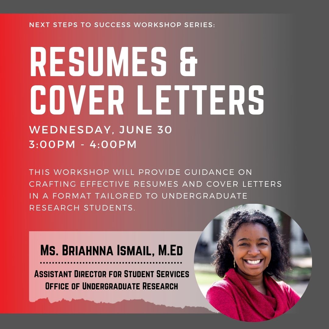 Join our Assistant Director for Student Services, Briahnna Ismail, tomorrow for a resume and cover letter workshop!  Ms. Ismail will be sharing tips and tricks tailored to undergraduate research students. 

6/30/2021, 3:00pm - 4:00pm

To join: teams.microsoft.com/l/meetup-join/…