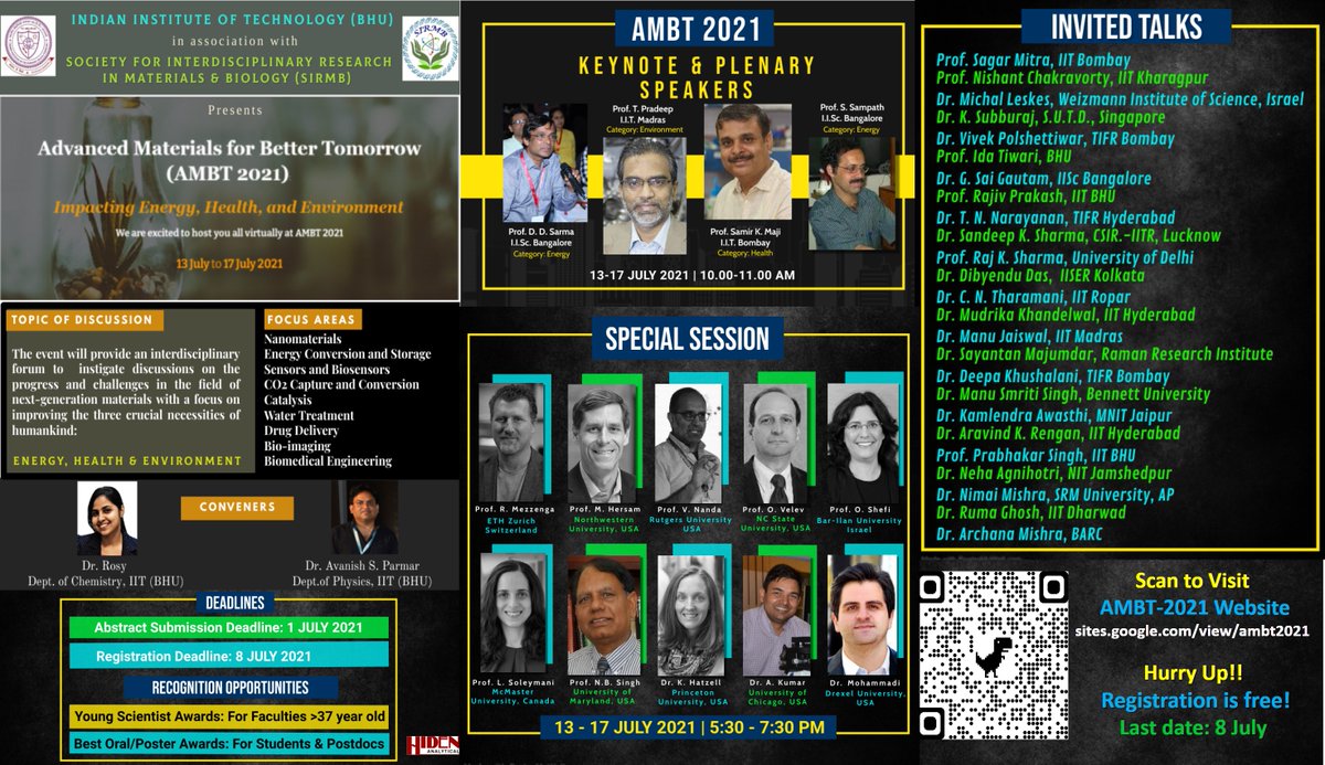 Advanced Materials for Better Tomorrow (AMBT-2021) is Approaching! 
We are happy to launch our wonderful list of speakers. Stay tuned for more updates 👉 rb.gy/pob7jc
Hurry Up! Deadline is 1 JULY 2021⌛️
<a href="/INREP2/">INREP</a> <a href="/HidenAnalytical/">Hiden Analytical Ltd</a> <a href="/IITBHU_Varanasi/">IIT (BHU), Varanasi</a>