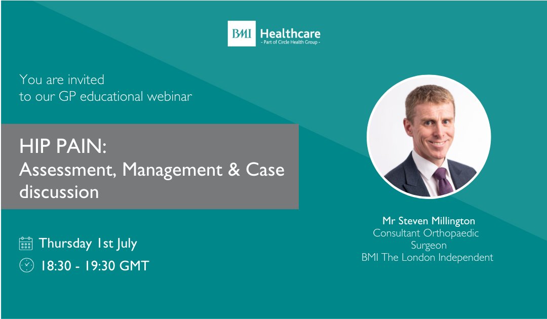 LondonIndHosp's tweet photo. Join us this Thursday, where @samillington1  will discuss hip pain; assessment, management and case discussion.

Aimed at GP's &amp; Physios, sign up for the interactive and educational webinar by following the link: https://t.co/j4obLbstn4

#Orthopaedics #GPs #Physios #HipPain #CDP https://t.co/XPK65S3dEL