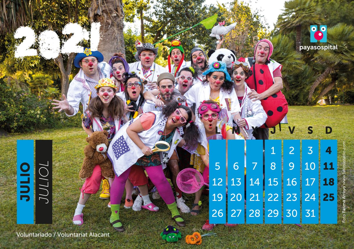 payasospital's tweet photo. En el mes de julio en nuestro #CalendarioSolidario 2021, nos acompañan en el parque, nuestros payasos y payasas del voluntariado de Alicante. Este equipo nos da un imprescindible apoyo en todas nuestras actividades de sensibilización y promoción de la provincia. Foto @FatimaStudi https://t.co/XrEe4YE9gz
