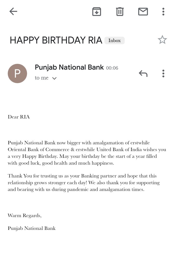 ria_khosla29's tweet photo. @pnbindia thankyou for your warming B'day email♥️🤭
You remembered! My data 😀
#birthday #ThankYou https://t.co/6ELi69i3Z3