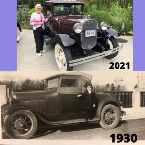 PARCLiving's tweet photo. Some things never change. 

Pictured above is Lorna Baker, a long time resident of Westerleigh PARC, with a Ford Model A vehicle. One picture was taken in 1930, the other in 2021. 

#Carshow #vintagecars #fordmodela #yvr #retirement https://t.co/GTyJD1RuKG