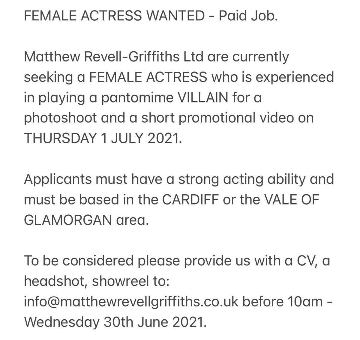FEMALE ACTRESS WANTED - Paid Job.