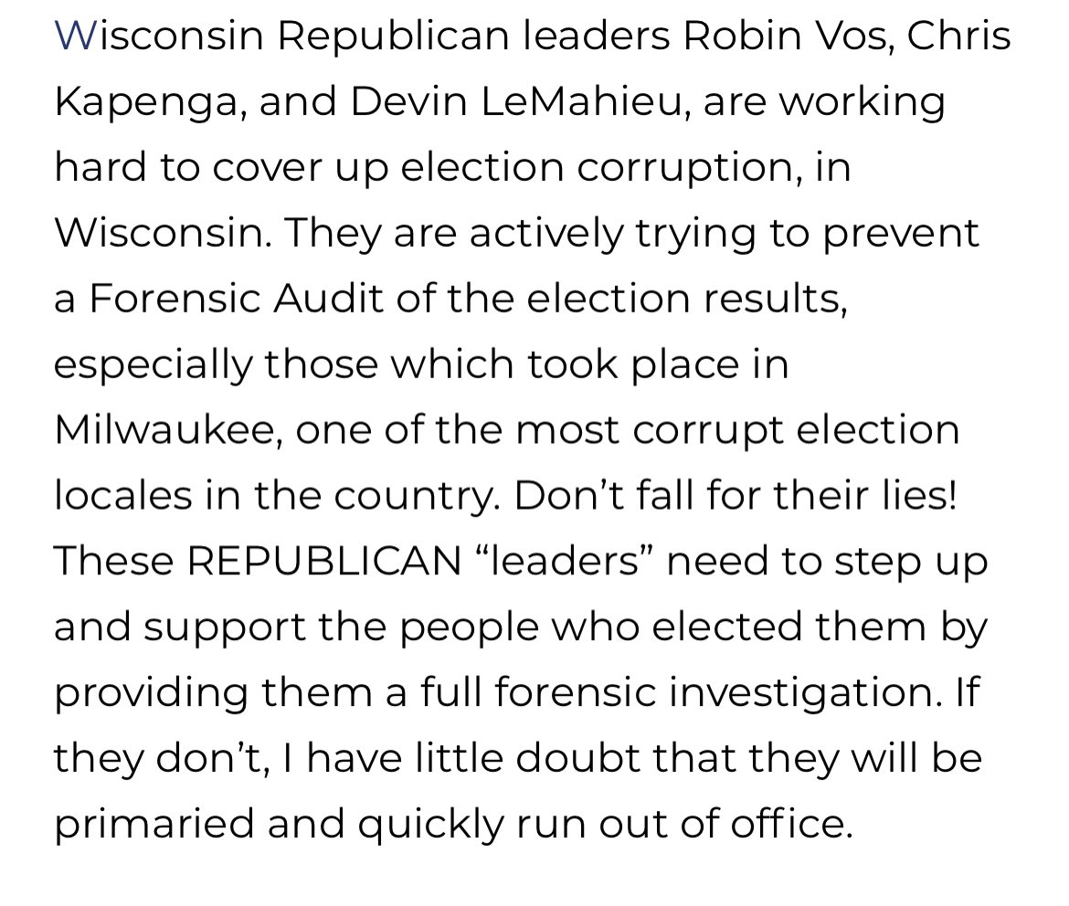 zittrain's tweet image. This is a real letter from state senator Chris Kapenga, a die-hard Trump supporter, after Trump accused him of covering up election fraud. (!) He calls out Trump’s lies … amidst Pravda-era praise.

Stockholm Syndrome could be renamed for a town in Wisconsin’s 33rd district.