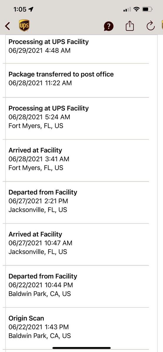 BrianSWFlorida's tweet photo. Now we got @UPS doing funny things. Yesterday it was reported that it was delivered to USPS. But today processed at UPS facility. 

Umm which is it? https://t.co/77CHyFeLhE