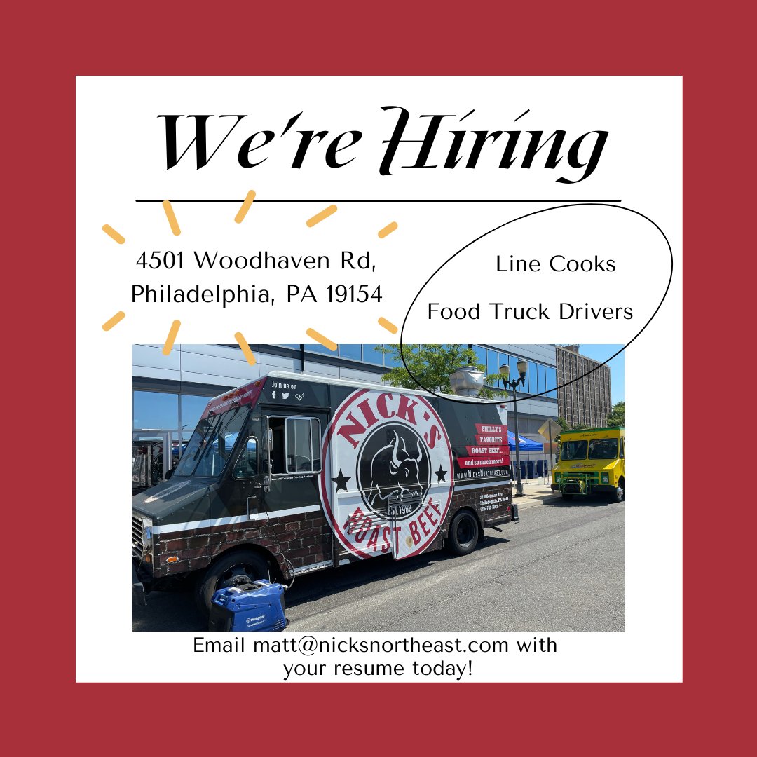 NOW HIRING ✨LINE COOKS ✨FOOD TRUCK DRIVERS EMAIL MATT@NICKSNORTHEAST.COM #restaurant #sportsbar #nicksroastbeef #foodie #roastbeef #nickswoodhaven #philadelphiaeats #phillyfood #woodhavenpa #PhiladelphiaRestaurants #PhillyEats #PhillyFoods #nowhiring #phillyhiring #phillyjobs