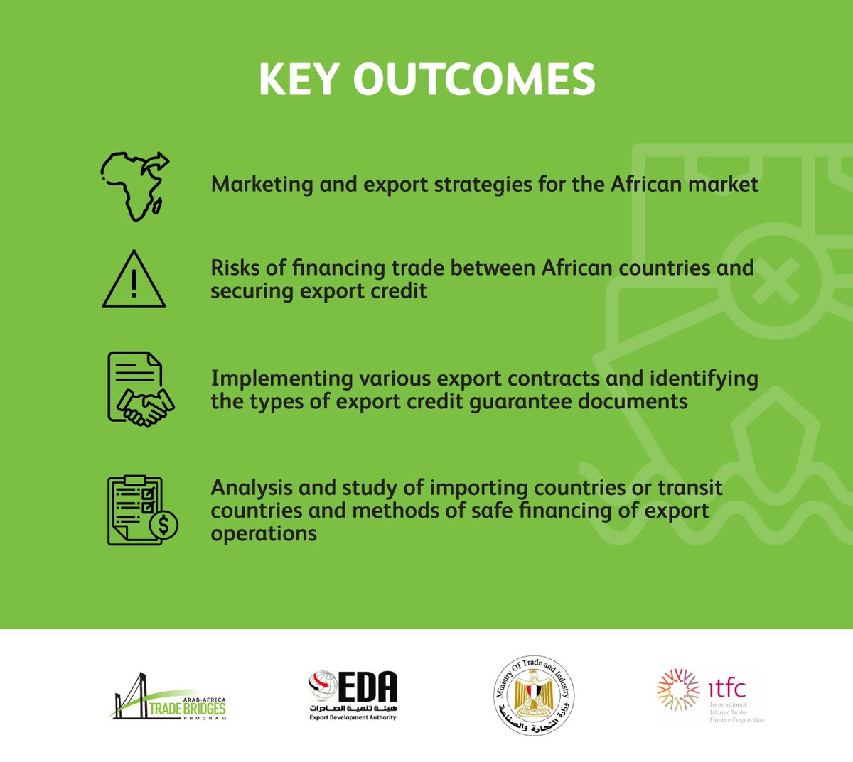 aatb_program's tweet photo. In an attempt to support exports to Africa, the Export Development Authority (Egypt) , in cooperation with ITFC, organized a workshop, "Entry requirements for African markets" in Damietta province, Egypt.
#ArabAfricaTrade #AATBProgram #TradeFinance #TradeDevelopment https://t.co/CKlDnHO4AT