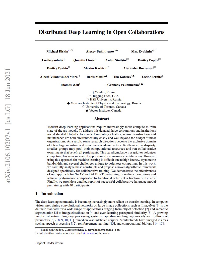 Montreal_AI's tweet image. Distributed Deep Learning in Open Collaborations
Diskin et al.: arxiv.org/abs/2106.10207
#DeepLearning #MachineLearning #ClusterComputing