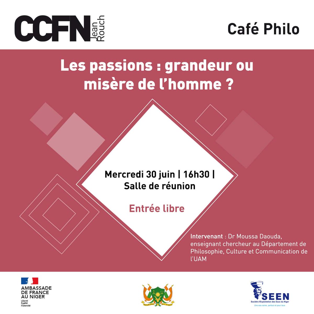 Rendez-vous demain pour le dernier #CaféPhilo de la saison, autour du thème « Les passions : grandeur ou misère de l'homme ? », animé par le Dr Moussa Daouda, enseignant chercheur au Département de #Philosophie, Culture et Communication de l’#UAM.

➡️ Mercredi 30/06 à 16h30