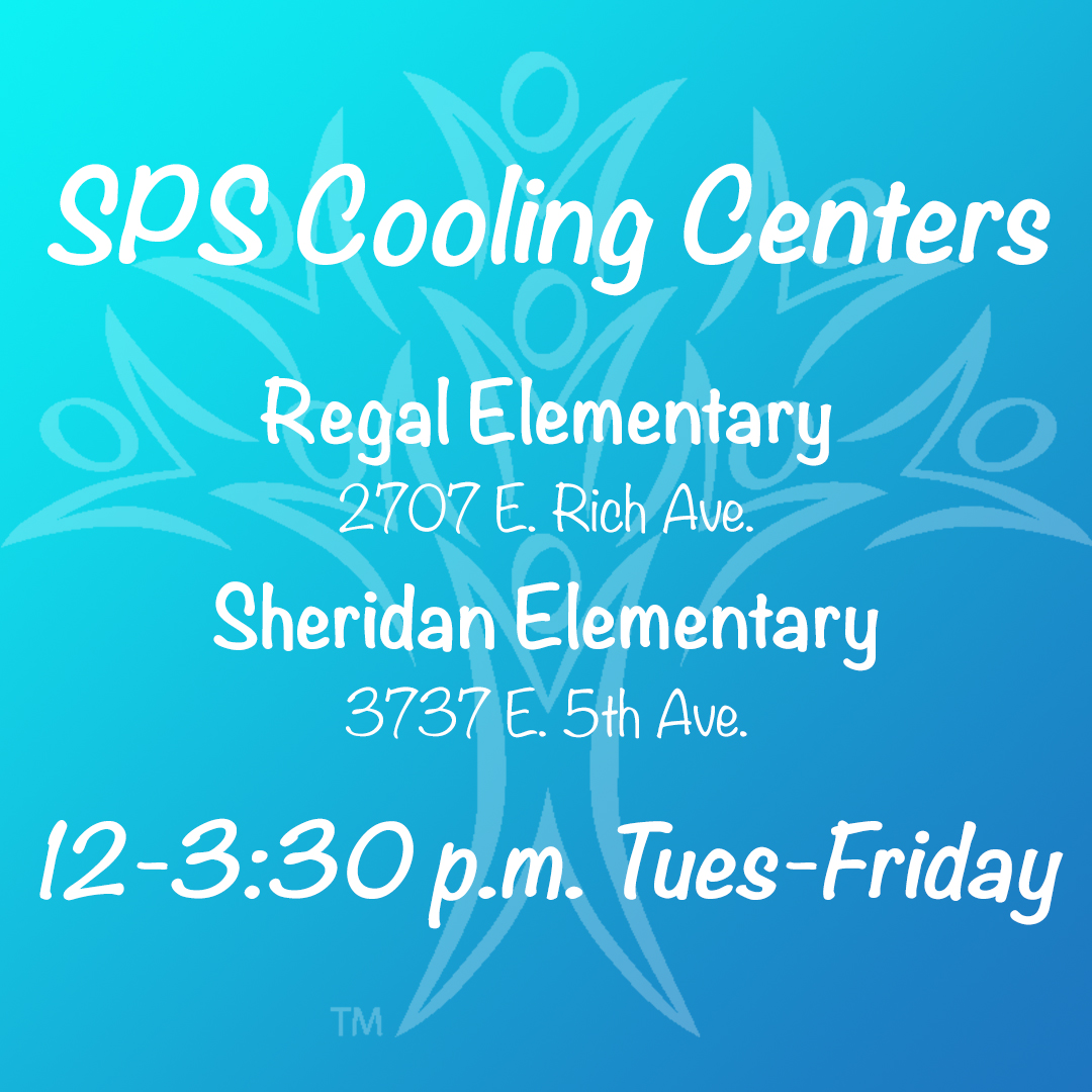 spokaneschools's tweet image. COOLING CENTERS: To help people beat the heat, SPS is opening cooling centers at Regal Elem (2707 E Rich Ave) &amp;amp; Sheridan Elem (3737 E 5th Ave). 

Each center can hold 150 people &amp;amp; will be open from 12-3:30p Tues thru Fri. Masks are required &amp;amp; food is prohibited. Water is allowed.