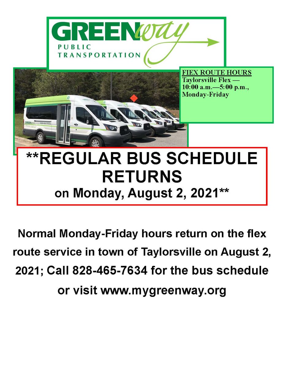 WPRTA's tweet photo. ***RIDER ALERT:

Regular operational hours will return August 2 for Catawba Fixed and Taylorsville Flex Routes. Thank you for sharing with those who ride!*** https://t.co/G4ovi75aTs