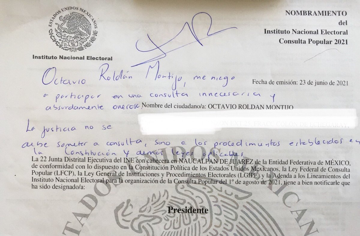 TaavoRm's tweet image. Con toda la pena frente al @INEMexico renuncio a mi cargo de Presidente de casilla para la consulta ciudadana del próximo 1o de agosto. Me niego a invertir un solo segundo de mi tiempo en una consulta sin sentido. La justicia no se debe someter a consulta.